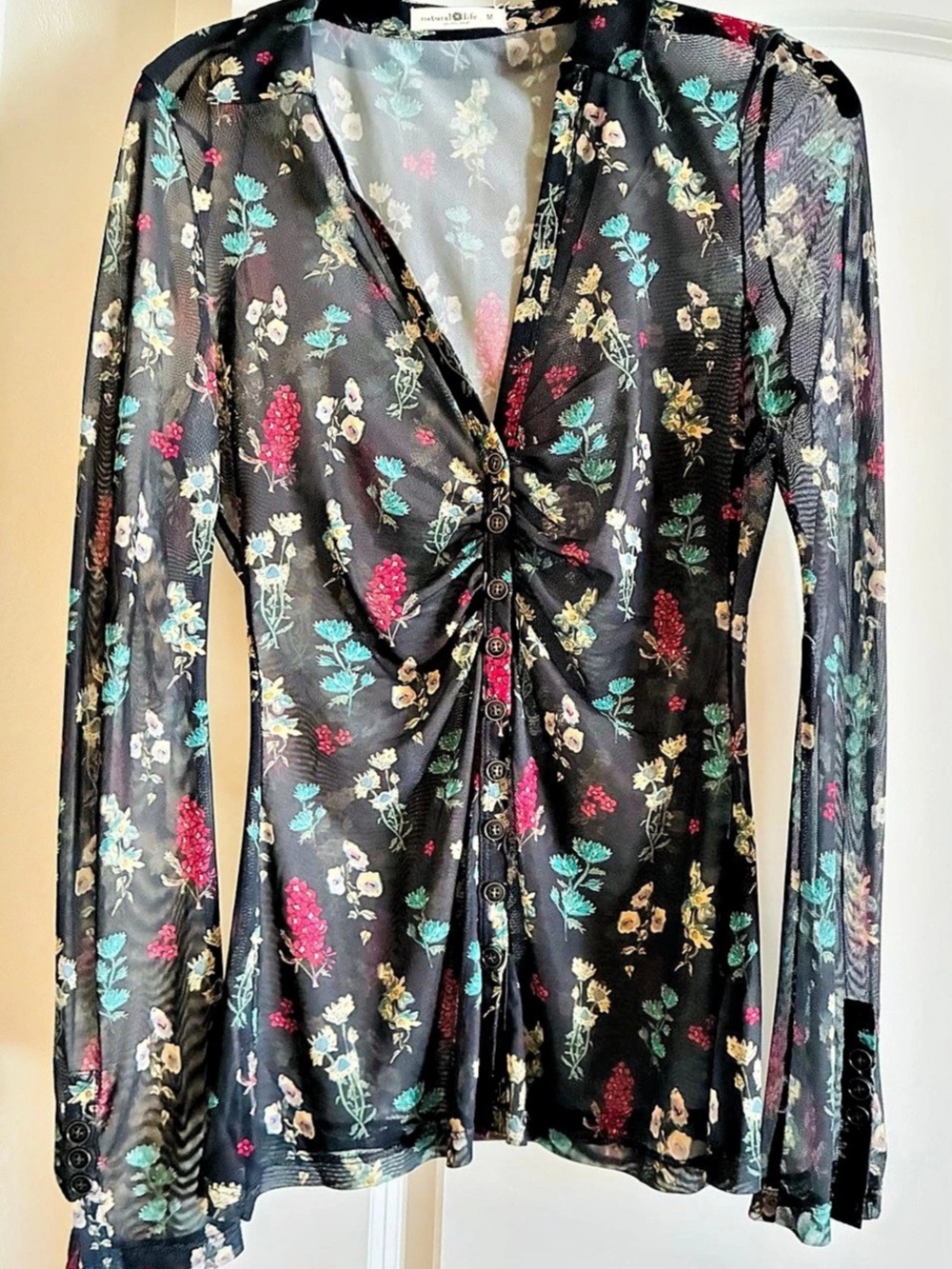 Natural Life Carina Floral Mesh Button Down Top Black & Multicolor